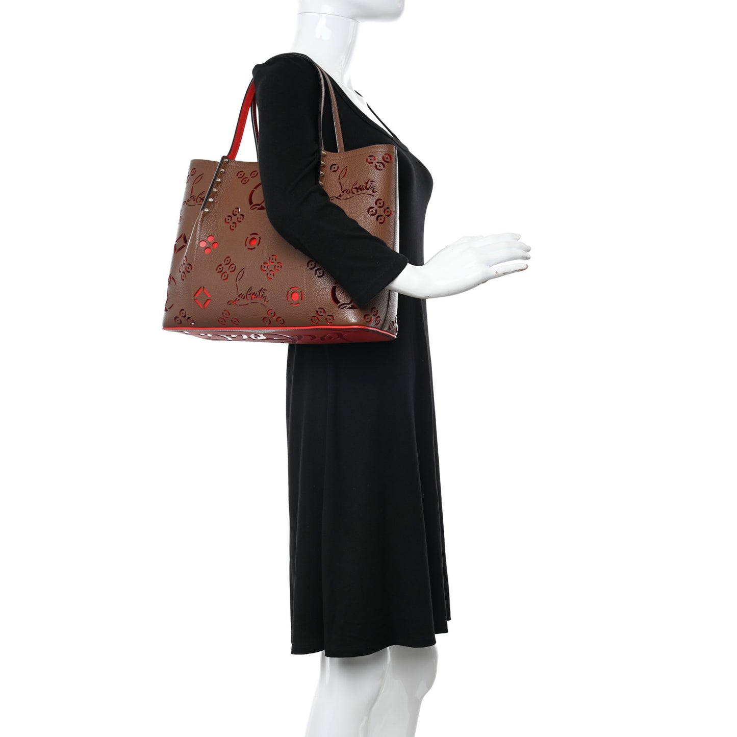 Calfskin Loubinthesky Small Perforated Cabarock Spikes Tote Biscotto