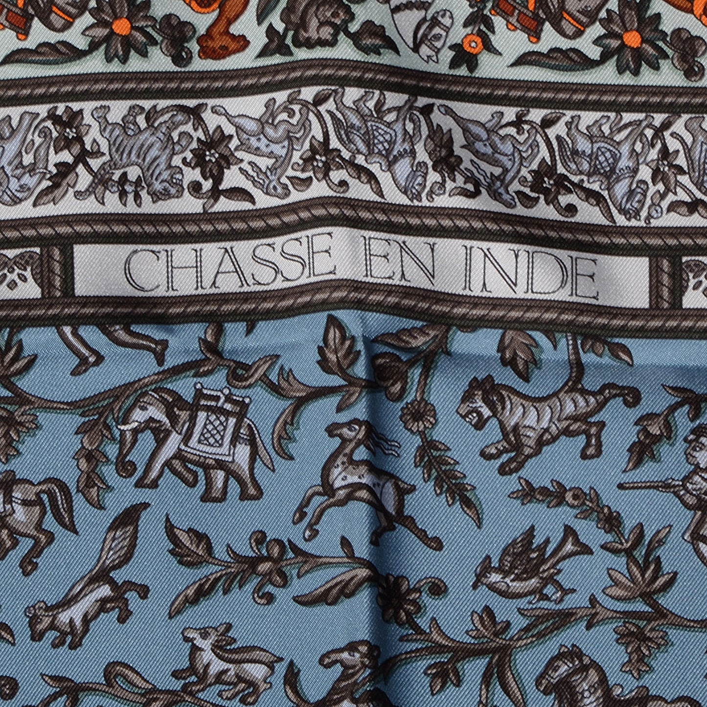 Silk Chasse En Inde Scarf 90 Gris Bleuete Vert De Gris Bleu