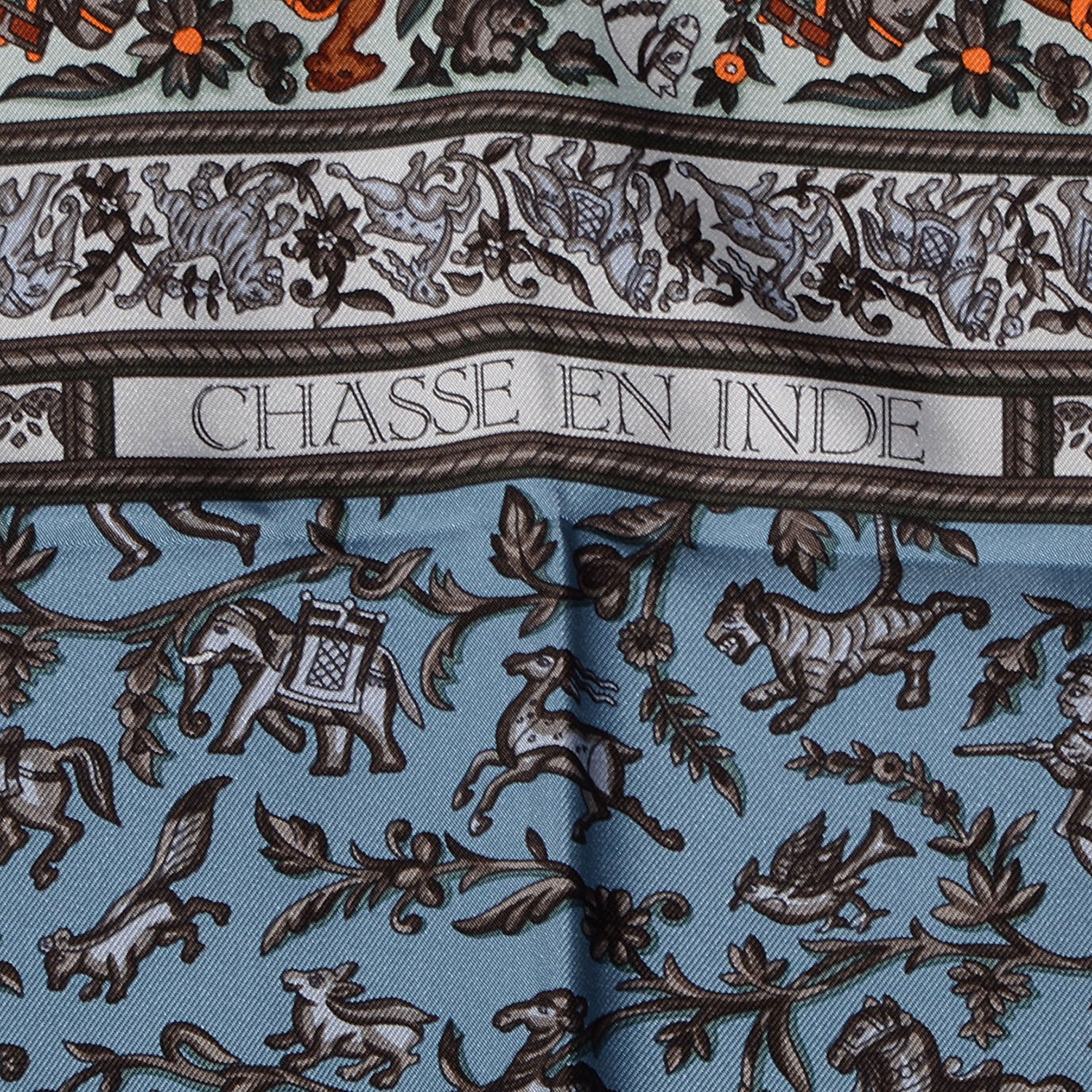 Hermes Silk Chasse En Inde Scarf 90 Gris Bleuete Vert De Gris Bleu 4 of 6