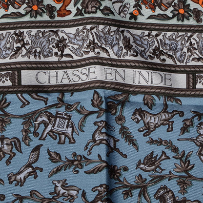 Hermes Silk Chasse En Inde Scarf 90 Gris Bleuete Vert De Gris Bleu 4 of 6