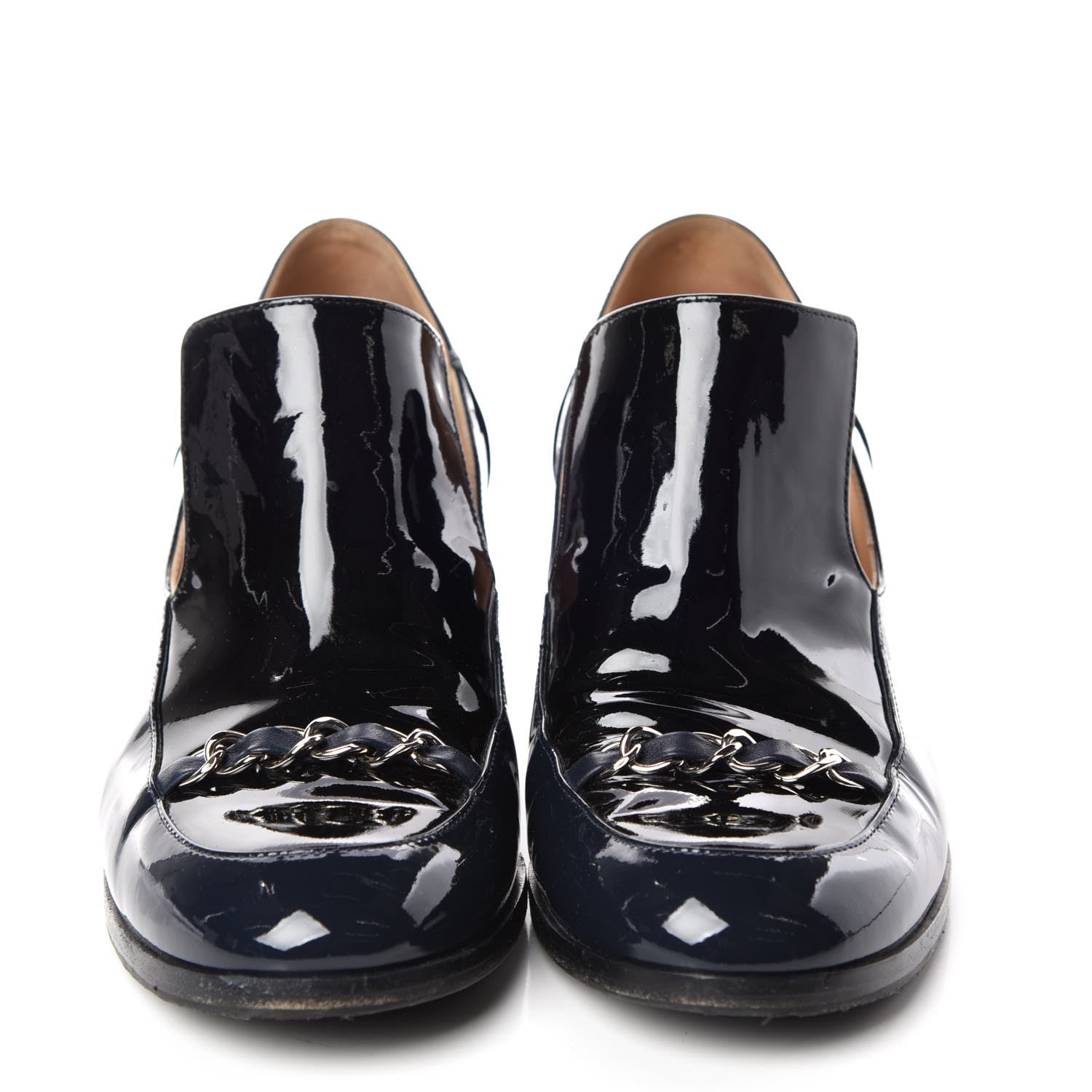Chanel Patent Chain Loafers Pumps 38.5 Navy 2 of 14