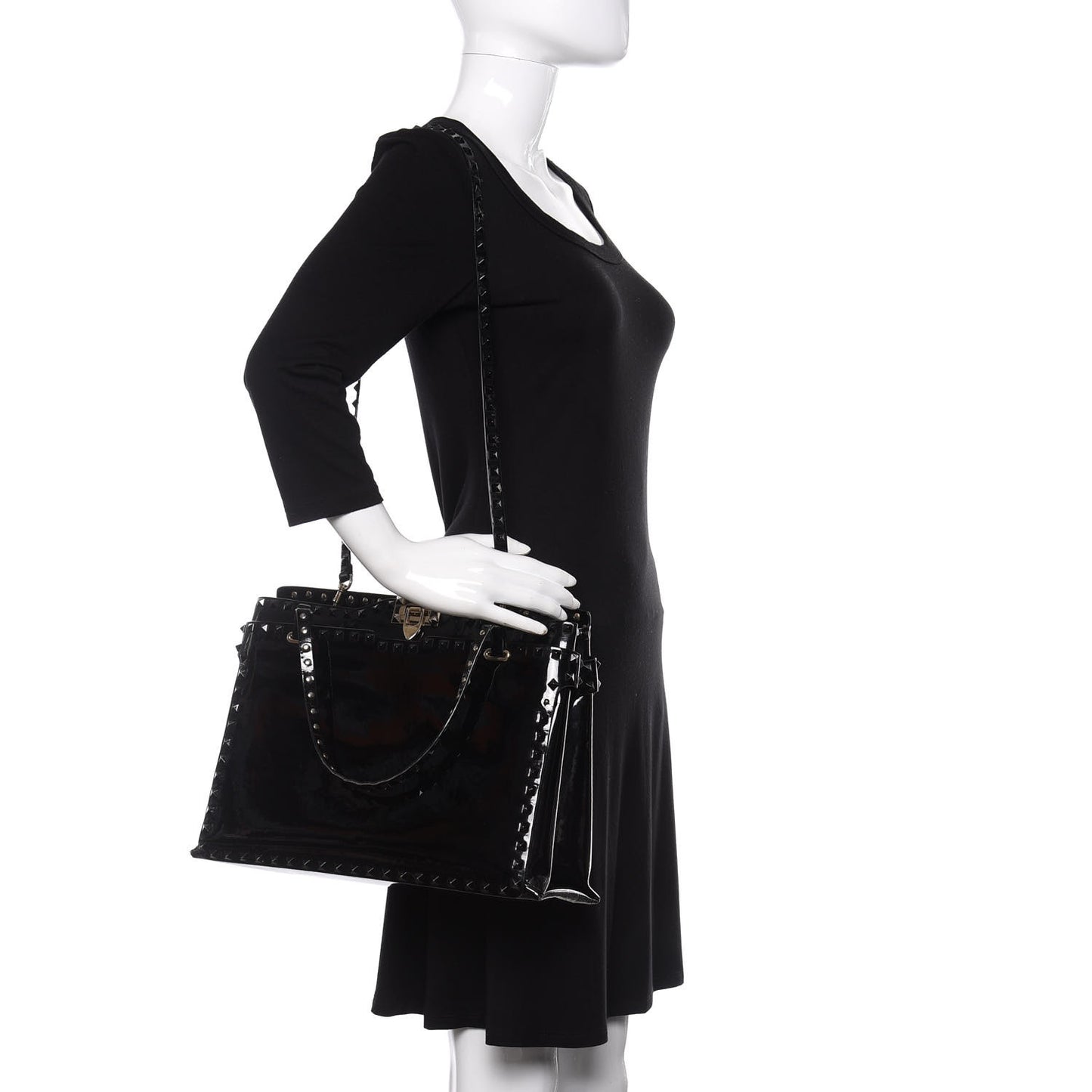 Patent Rockstud Flip Lock Tote Black