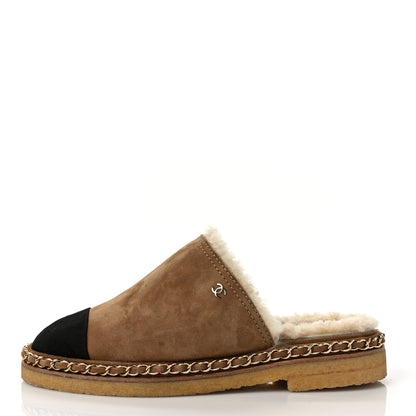 Chanel Kid Suede Shearling CC Chain Mules 36.5 Light Brown Black 1 of 7