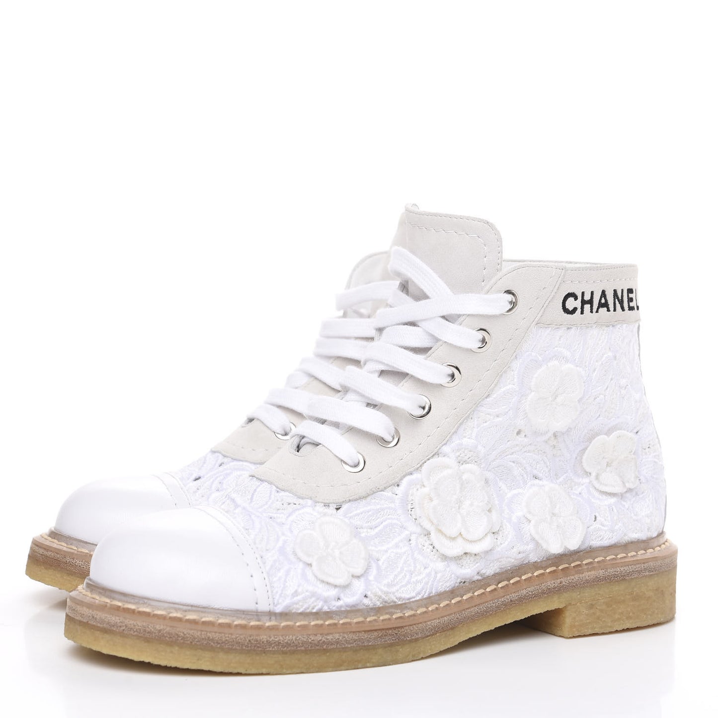Embroidered Flower Calfskin Lace Up Boots 36 White