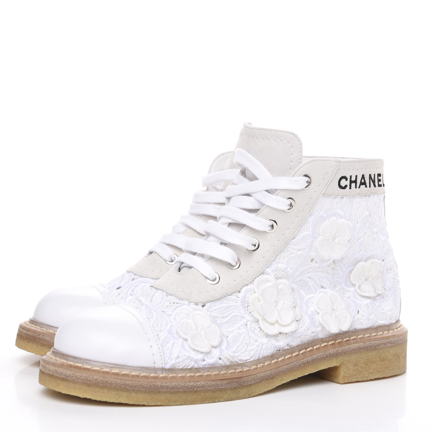 Chanel Embroidered Flower Calfskin Lace Up Boots 36 White 3 of 8