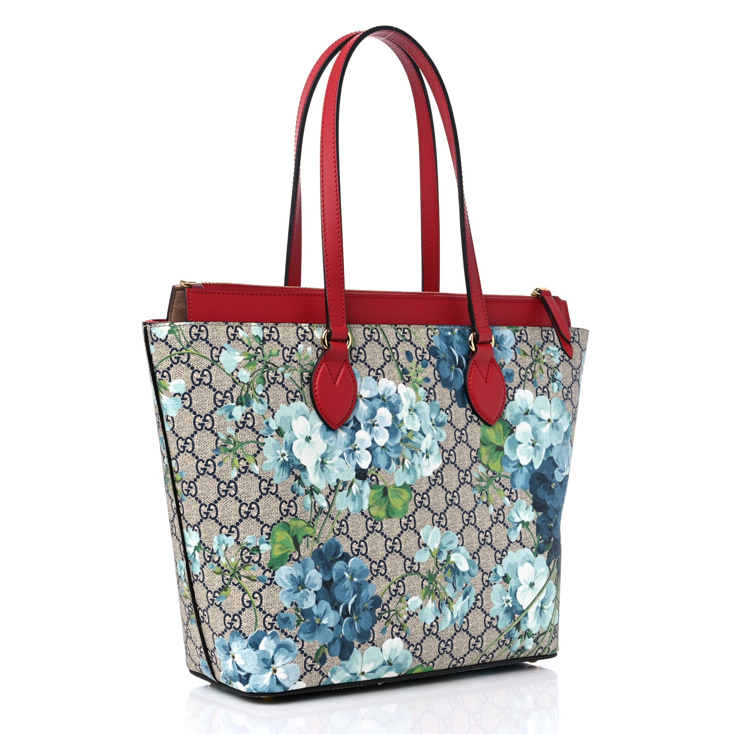 Gucci GG Supreme Monogram Blooms Medium Zippered Bucket Tote Beige Blue Navy Hibiscus Red 2 of 8