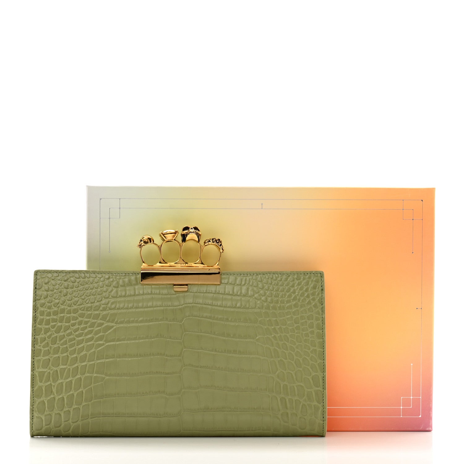 Alexander McQueen Calfskin Crocodile Embossed Knuckle Flat Clutch Sage 12 of 12