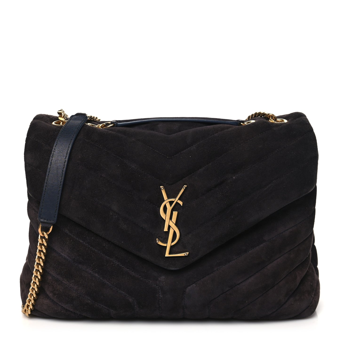 Suede Calfskin Y Quilted Monogram Medium Loulou Chain Satchel Deep Marine