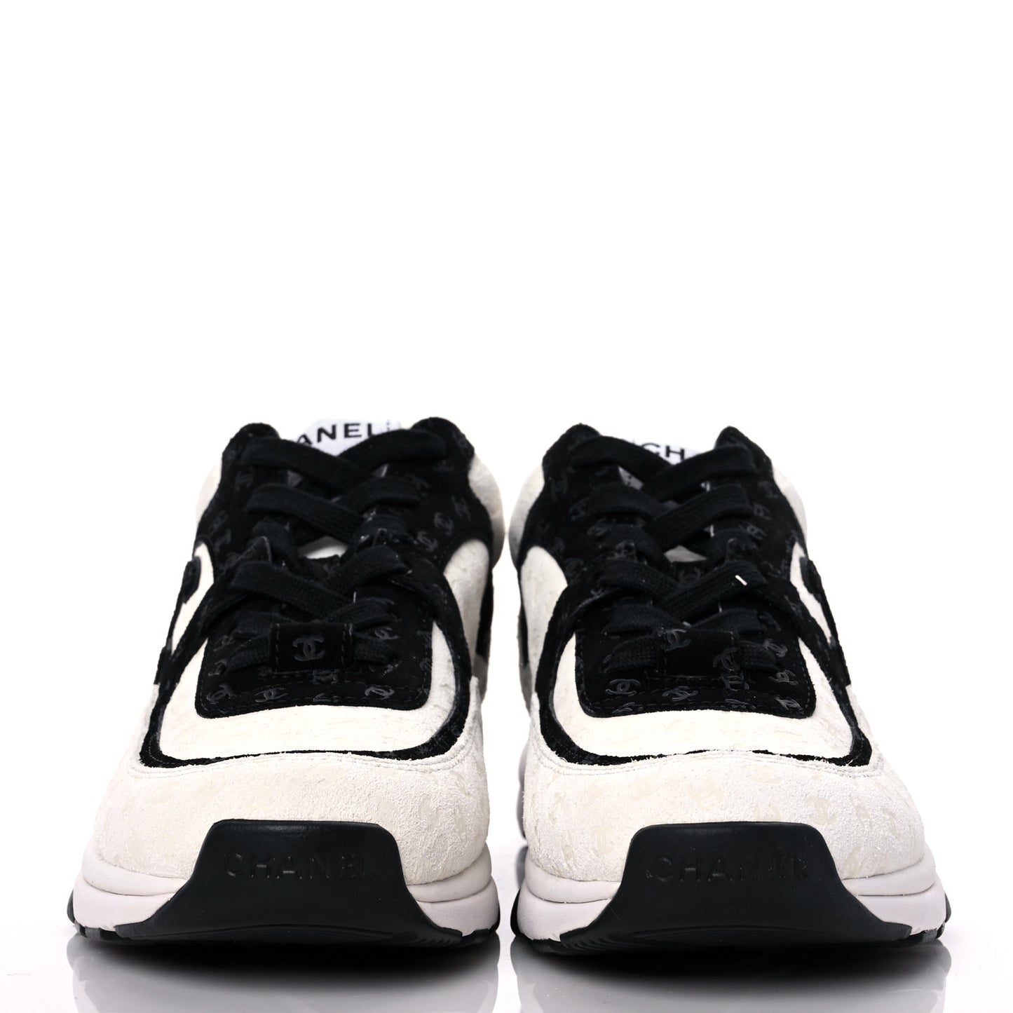 Suede Calfskin Womens CC Printed Sneakers 37.5 White Black