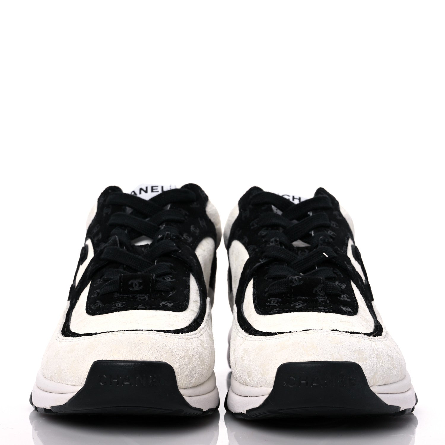 Chanel Suede Calfskin Womens CC Printed Sneakers 37.5 White Black 2 of 9
