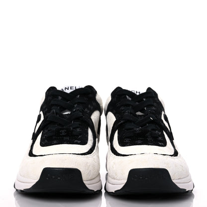 Chanel Suede Calfskin Womens CC Printed Sneakers 37.5 White Black 2 of 9