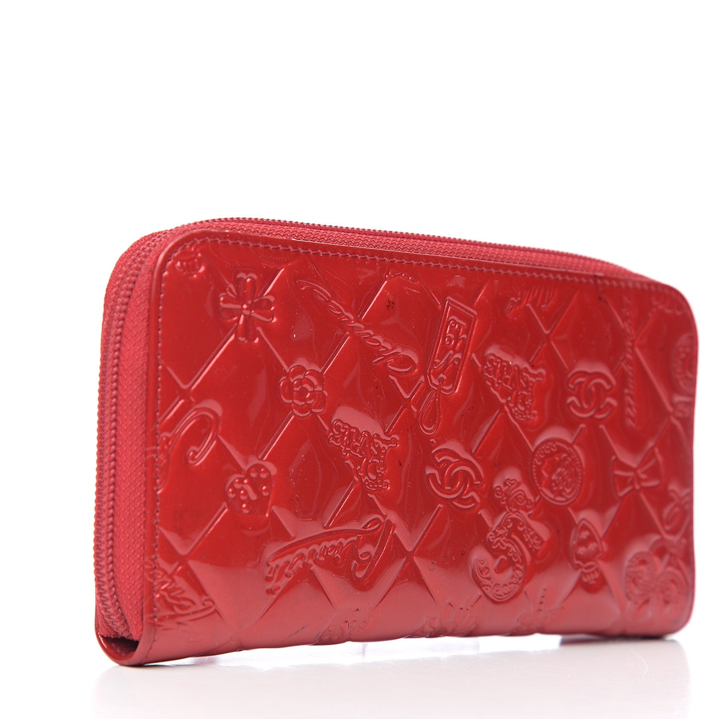 Patent Calfskin Lucky Symbols Zip Around Wallet Red