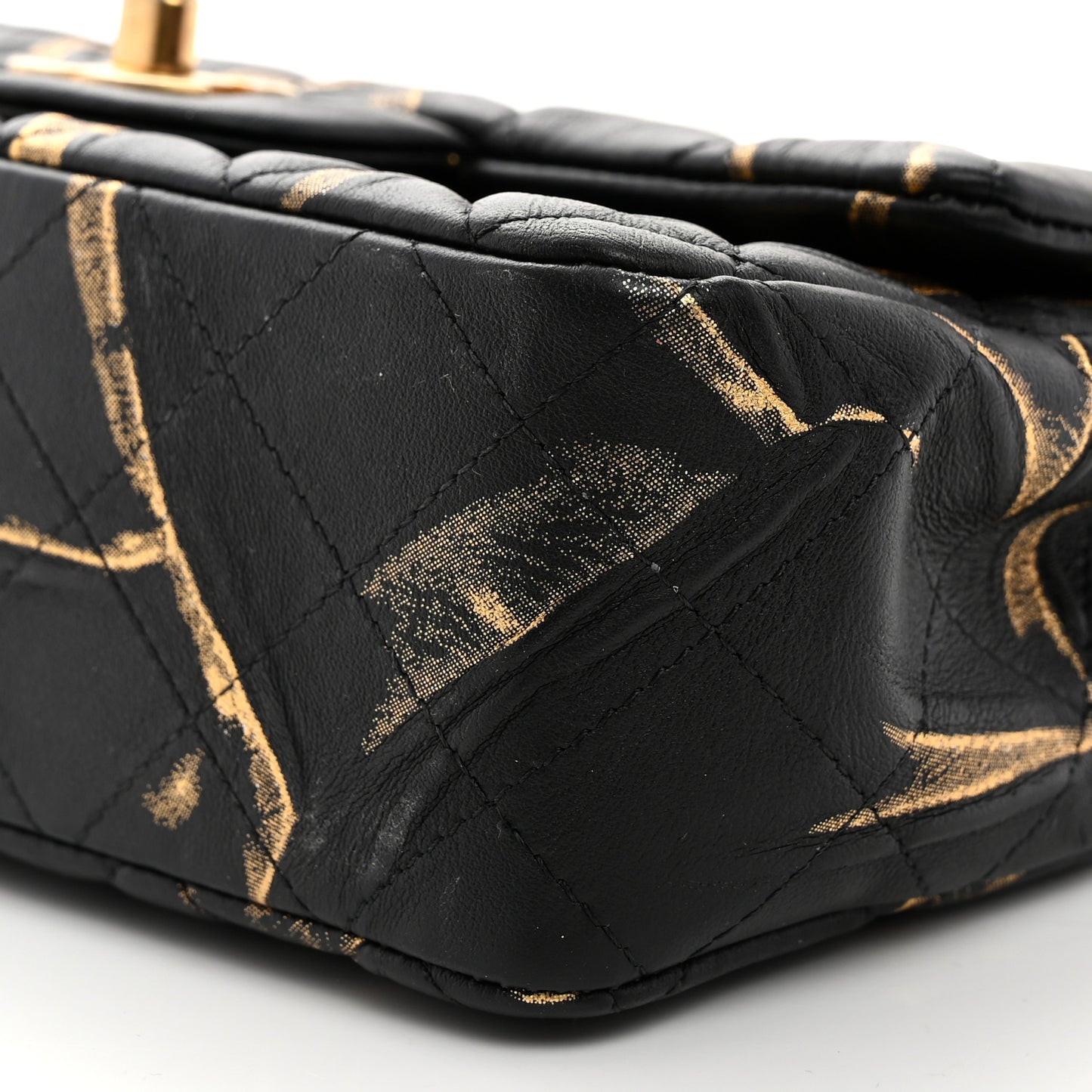 Crumpled Calfskin Printed Quilted Mini Rectangular Flap Black Gold
