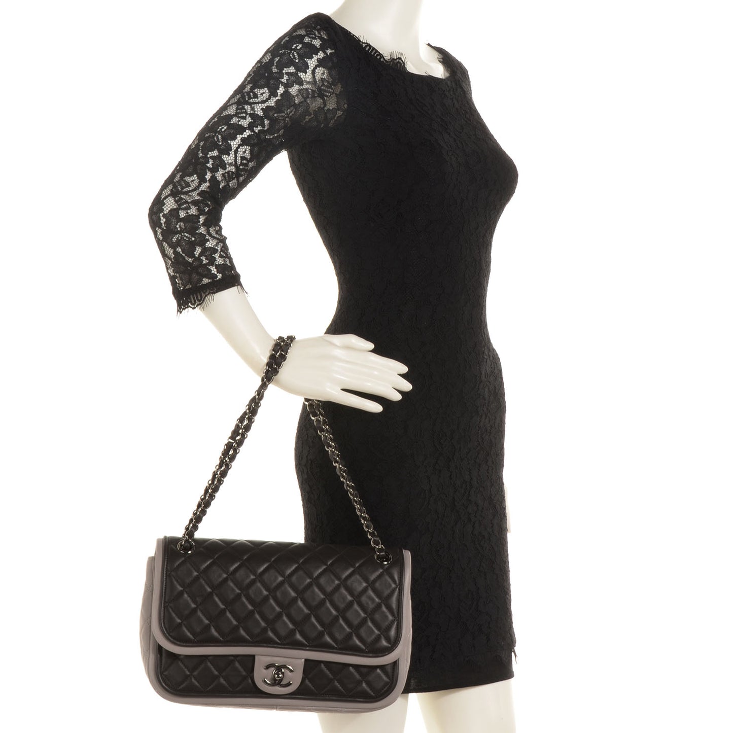 Lambskin Quilted Jumbo Classic Twist Flap Bag Black Grey