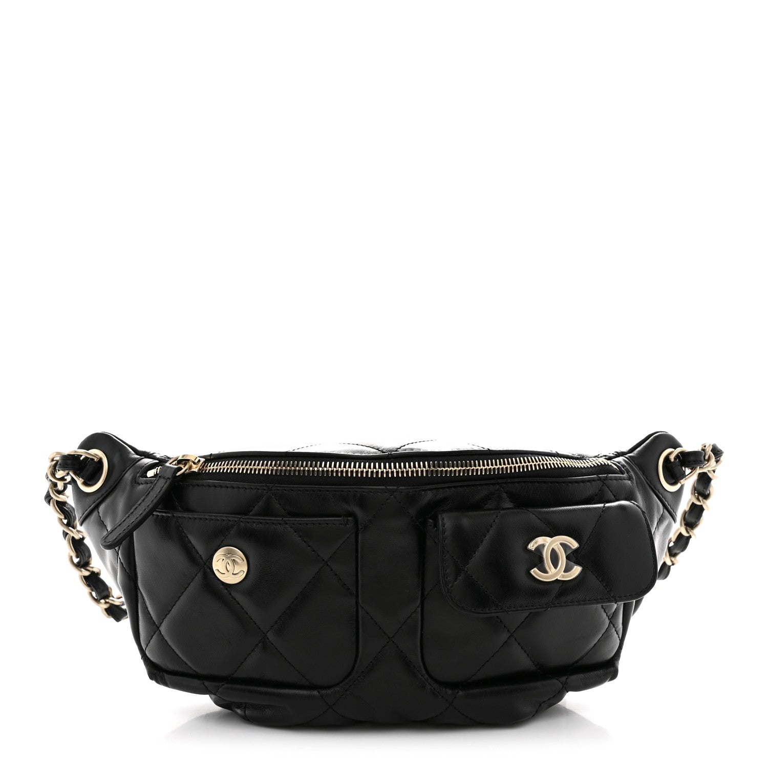 Chanel Shiny Aged Calfskin Quilted CC Pockets Jacket Waist Belt Bag Black 1 of 10