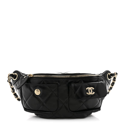 Chanel Shiny Aged Calfskin Quilted CC Pockets Jacket Waist Belt Bag Black 1 of 10