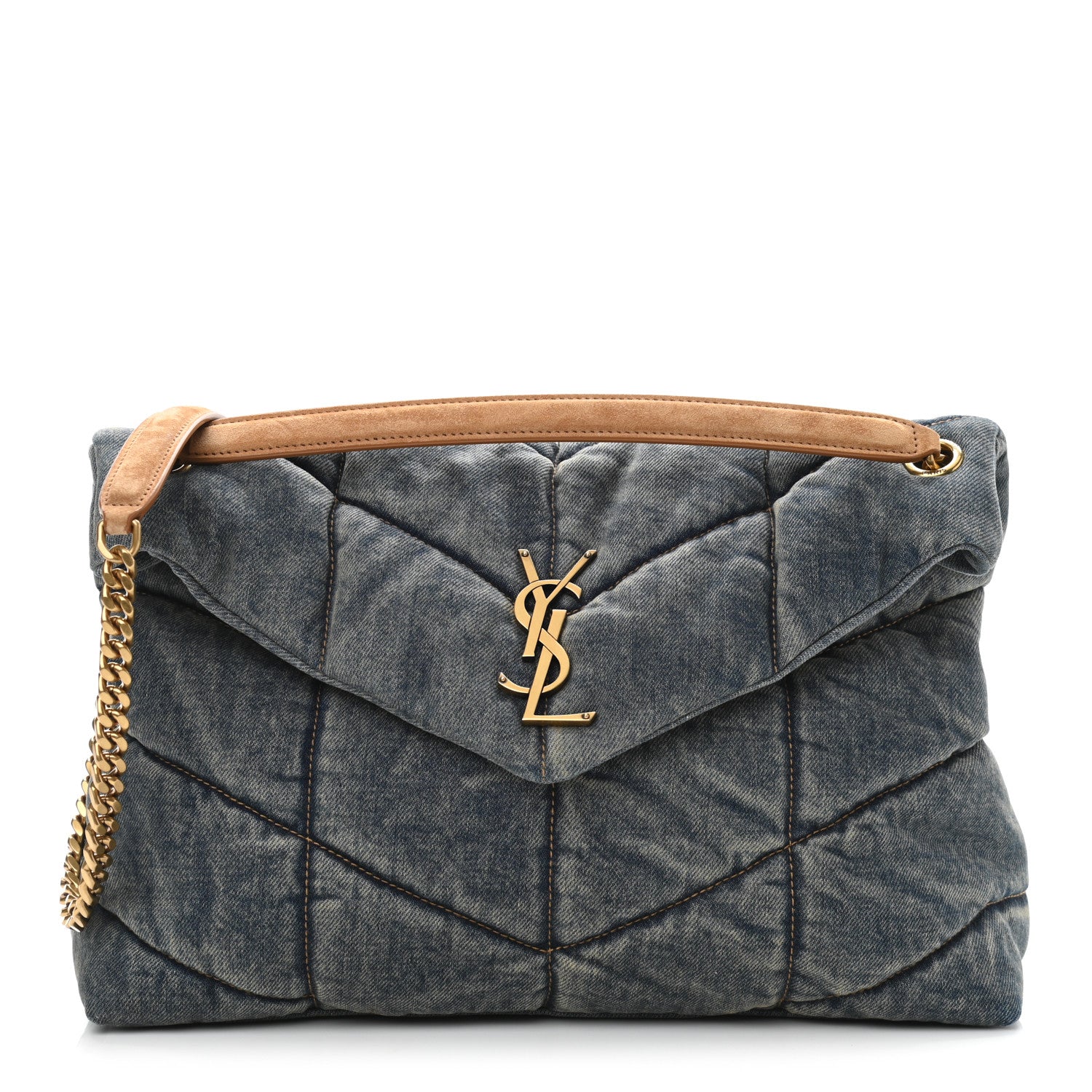 Saint Laurent Denim Quilted Medium Loulou Puffer Monogram Chain Satchel Blue Cinnamon 1 of 10