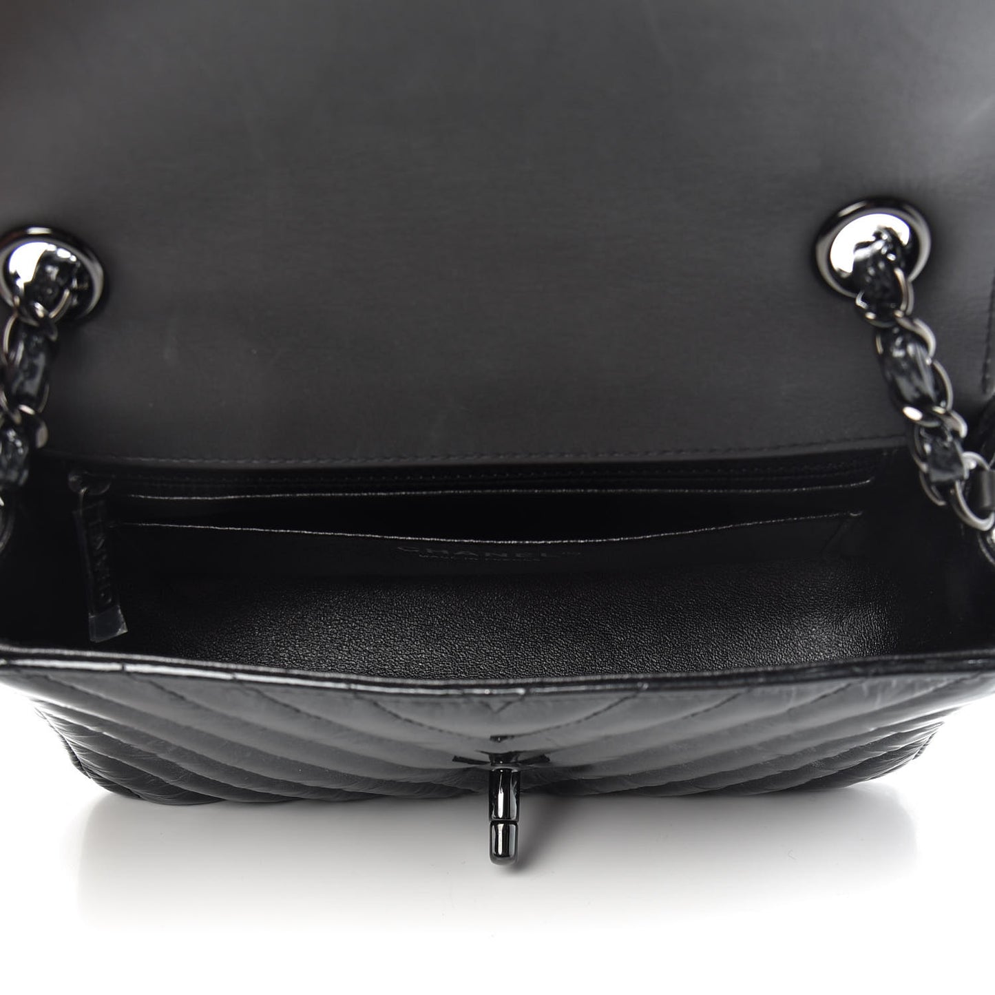 Patent Metallic Crumpled Calfskin Chevron Quilted Mini Rectangular Flap So Black