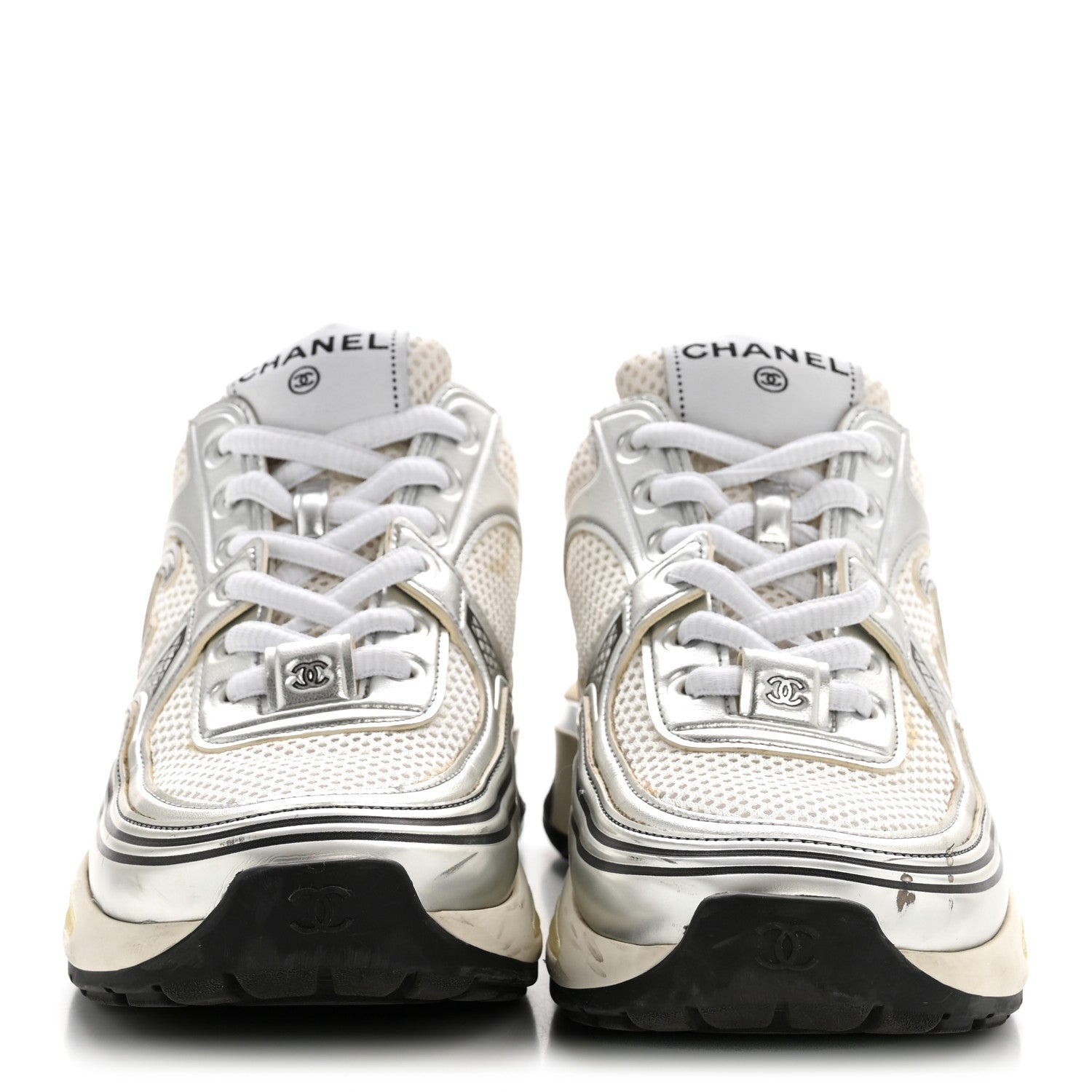 Chanel Fabric Laminated Calfskin Stretch CC Sneakers 36 White