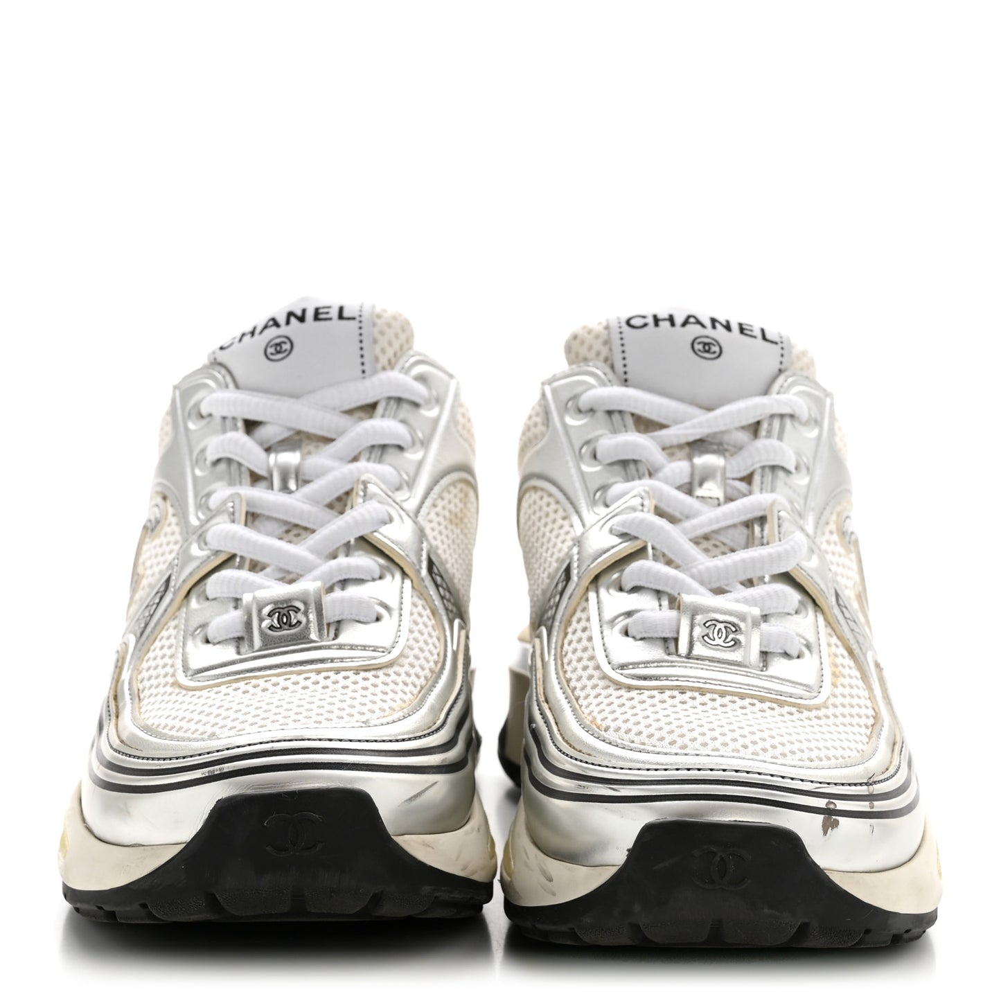 Fabric Laminated Calfskin Stretch CC Sneakers 36 White Silver
