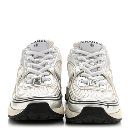 Chanel Fabric Laminated Calfskin Stretch CC Sneakers 36 White Silver 3 of 10
