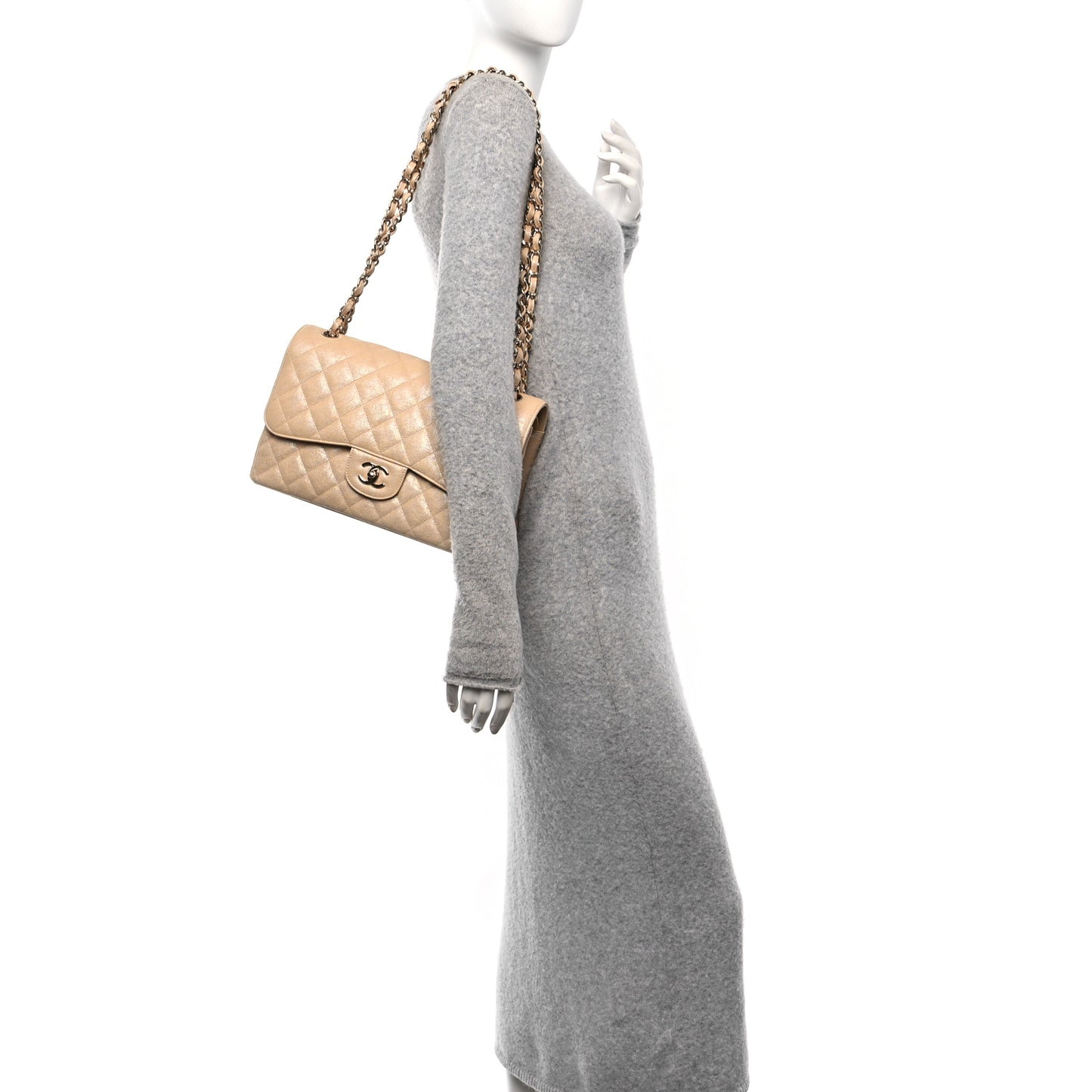 Iridescent Caviar Quilted Jumbo Double Flap Beige