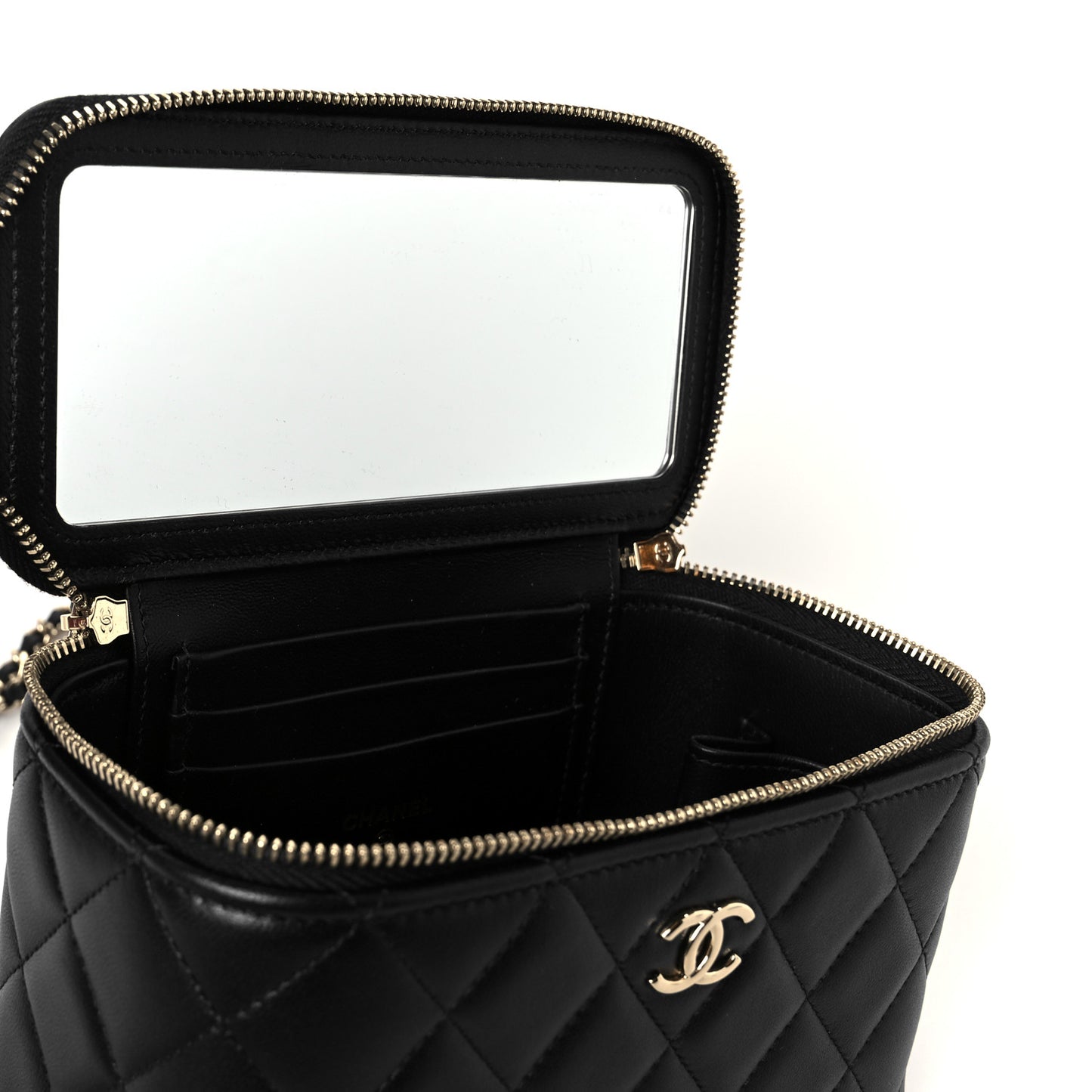 Lambskin Quilted Small Top Handle Vanity Case With Chain Black