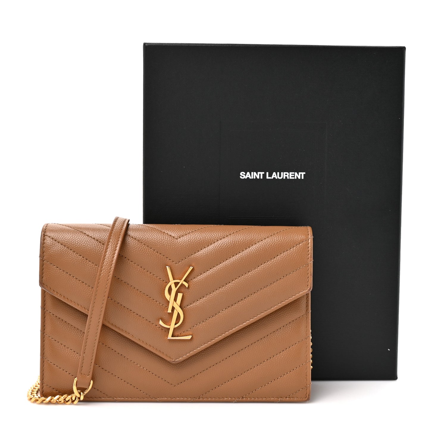 Grain De Poudre Matelasse Chevron Monogram Envelope Chain Wallet Natural Dark