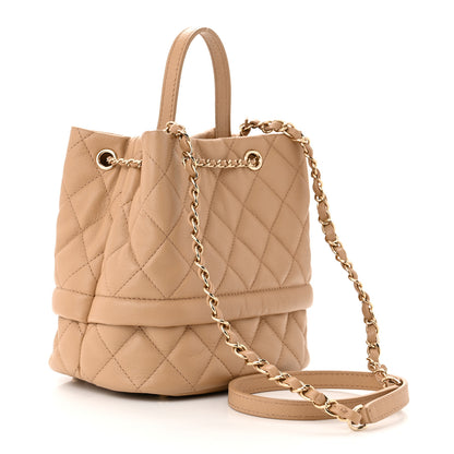 Chanel Caviar Quilted Rolled Up Bucket Drawstring Bag Beige 3 of 12