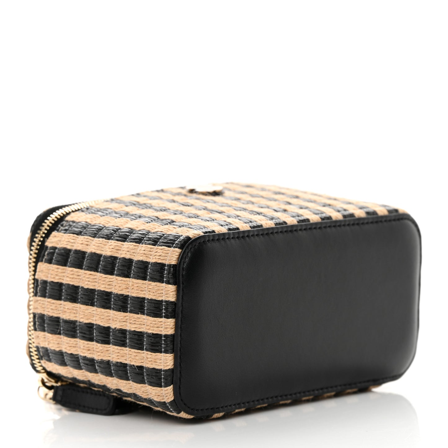 Raffia Jute Striped Small Vanity Case With Chain Black Beige