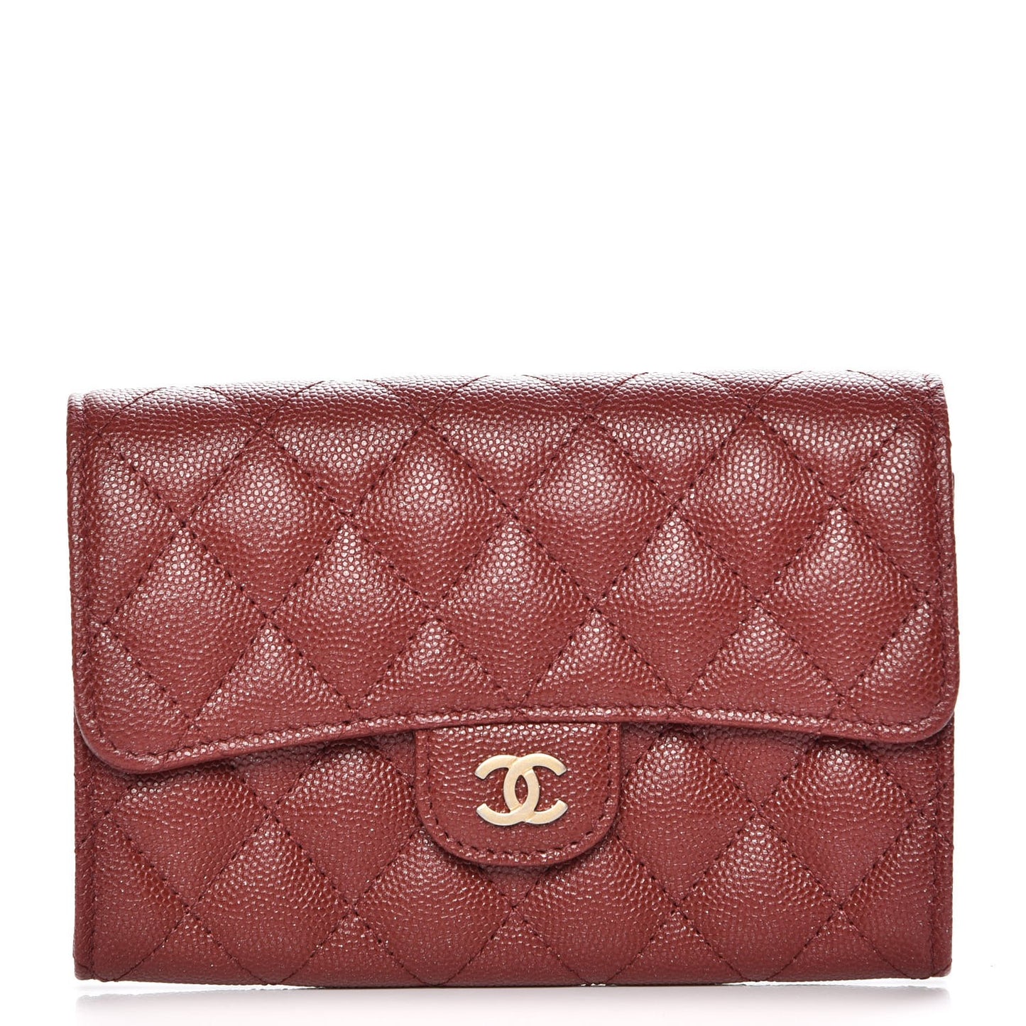 Iridescent Caviar Quilted Medium Flap Wallet Burgundy