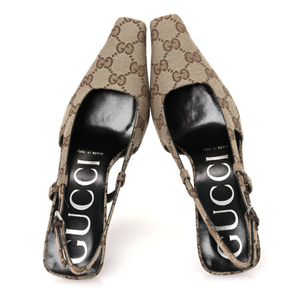 Gucci Monogram Malga Kid Square G 75mm Slingback Pumps 35 Beige Ebony New Acero 2 of 15