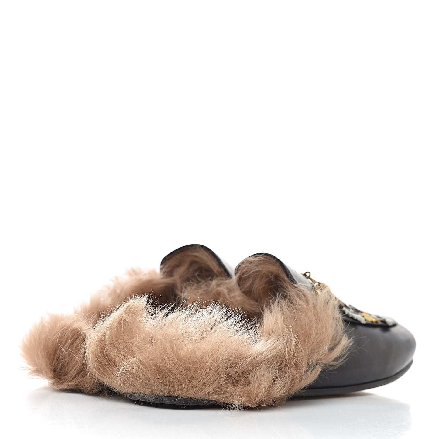 Calfskin Lambswool Tiger Embroidered Womens Princetown Slippers 38.5 Black