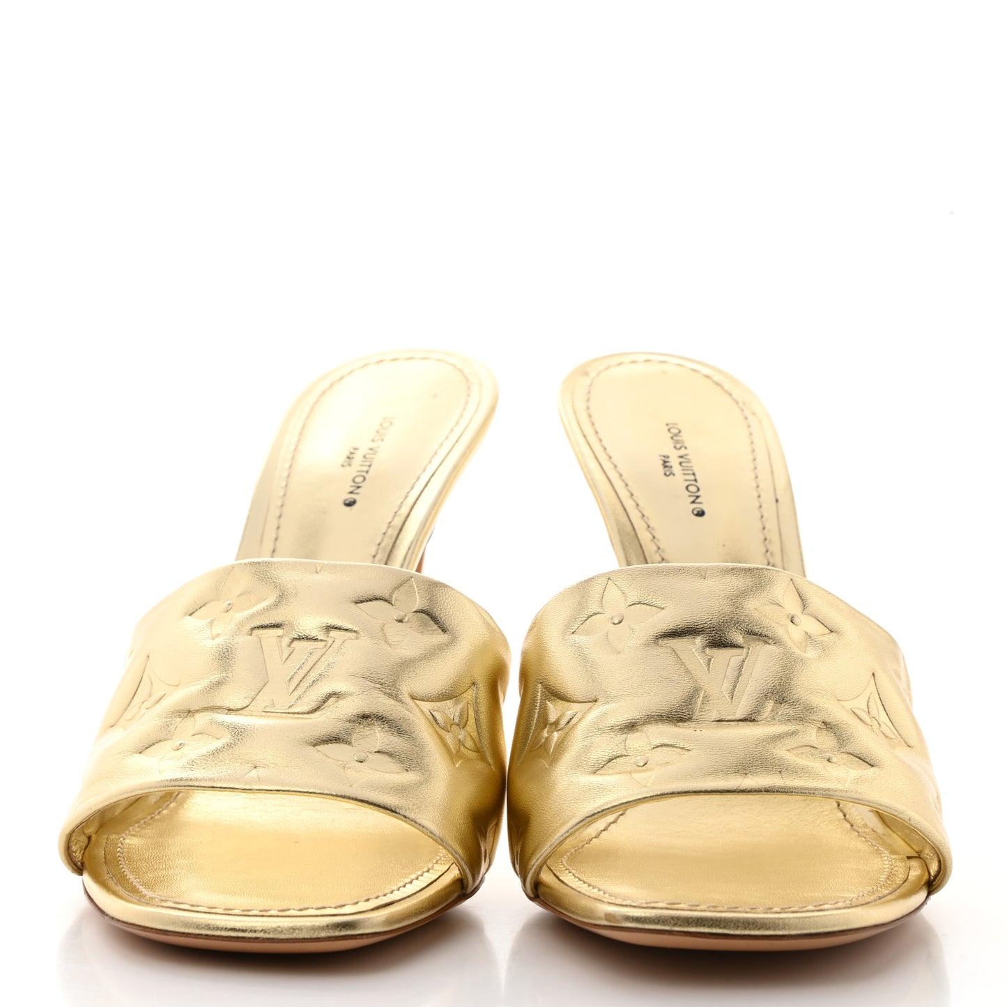 Metallic Lambskin Embossed Monogram Revival High Heel Mules 39.5 Gold