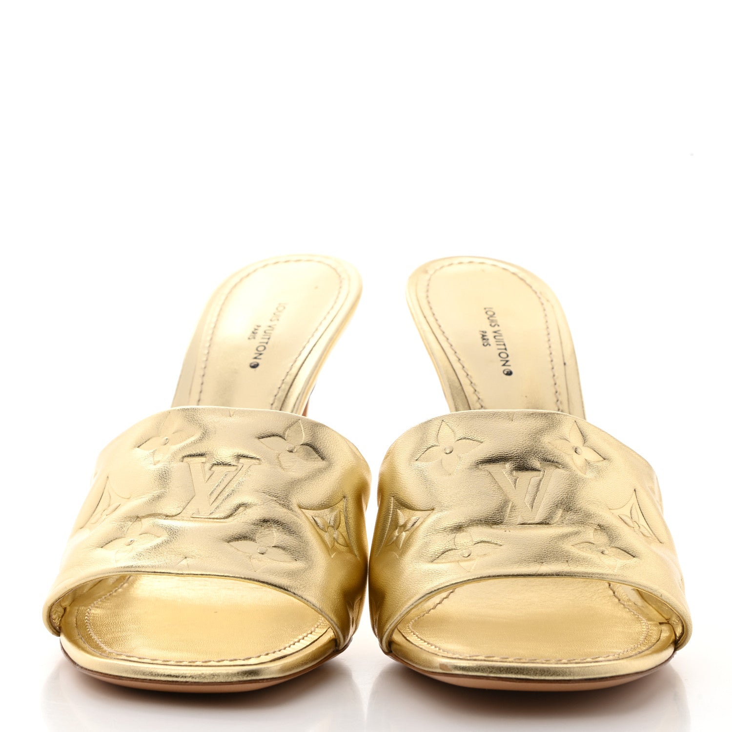 Louis Vuitton Metallic Lambskin Embossed Monogram Revival High Heel Mules 39.5 Gold 2 of 11