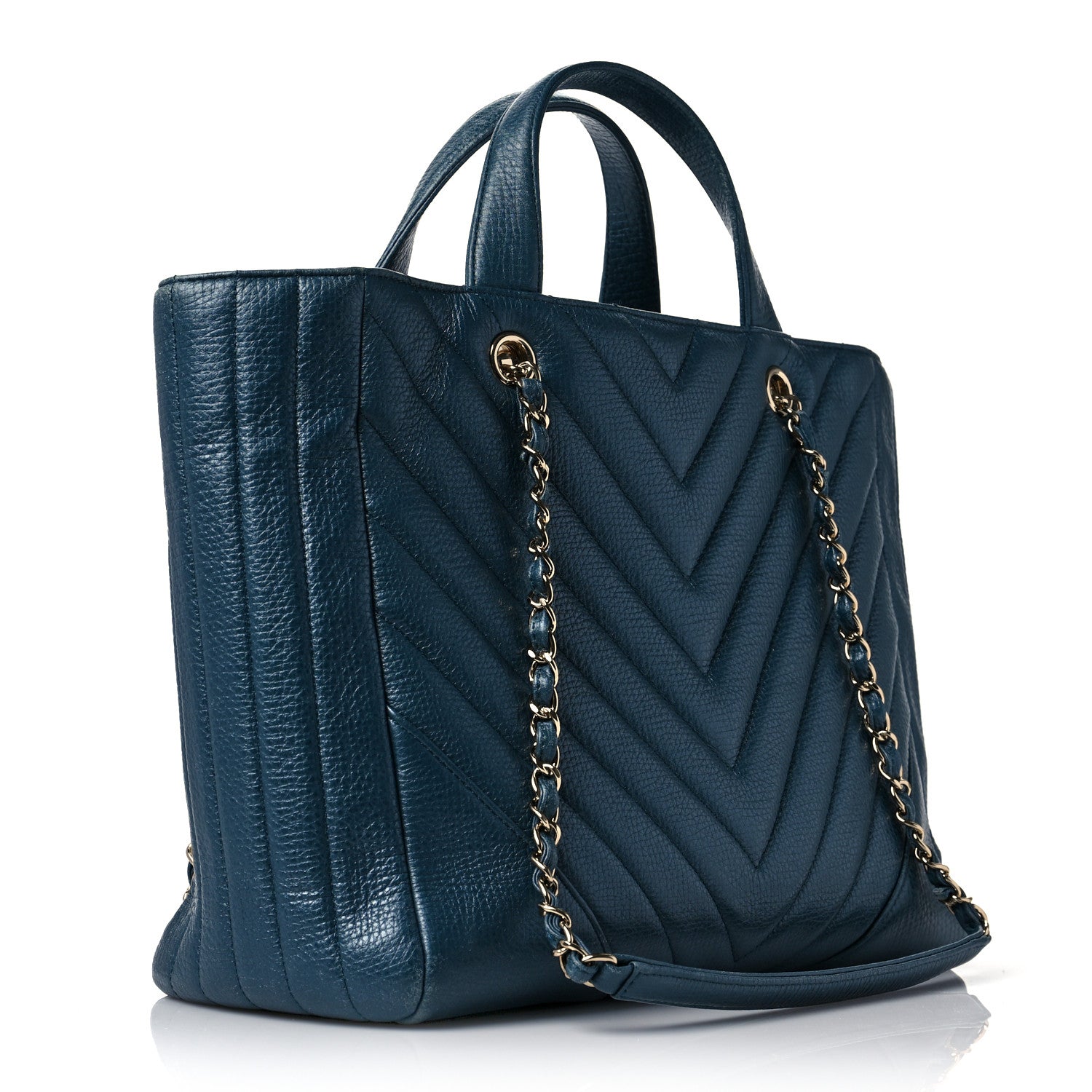 Chanel Calfskin Chevron Quilted Large Shopping Tote Blue 3 of 8