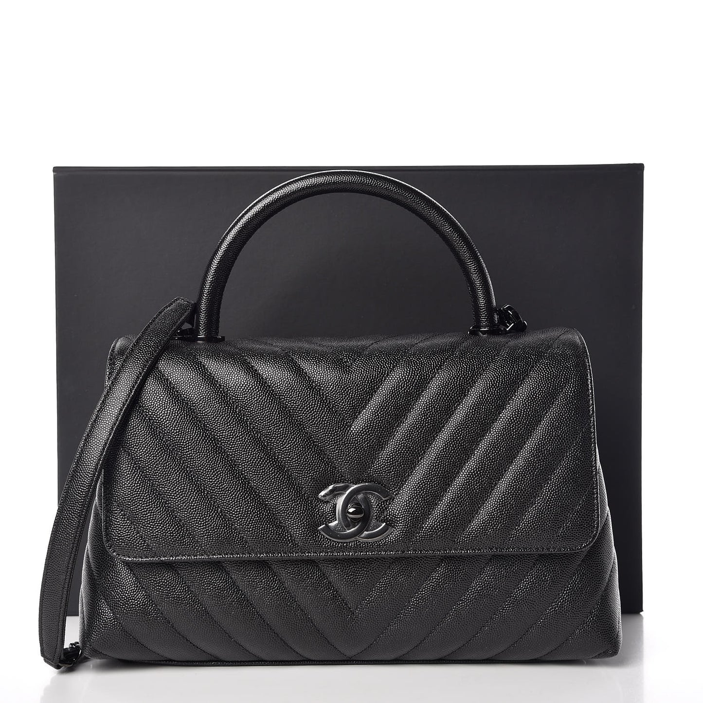 Caviar Chevron Quilted Small Coco Handle Flap So Black