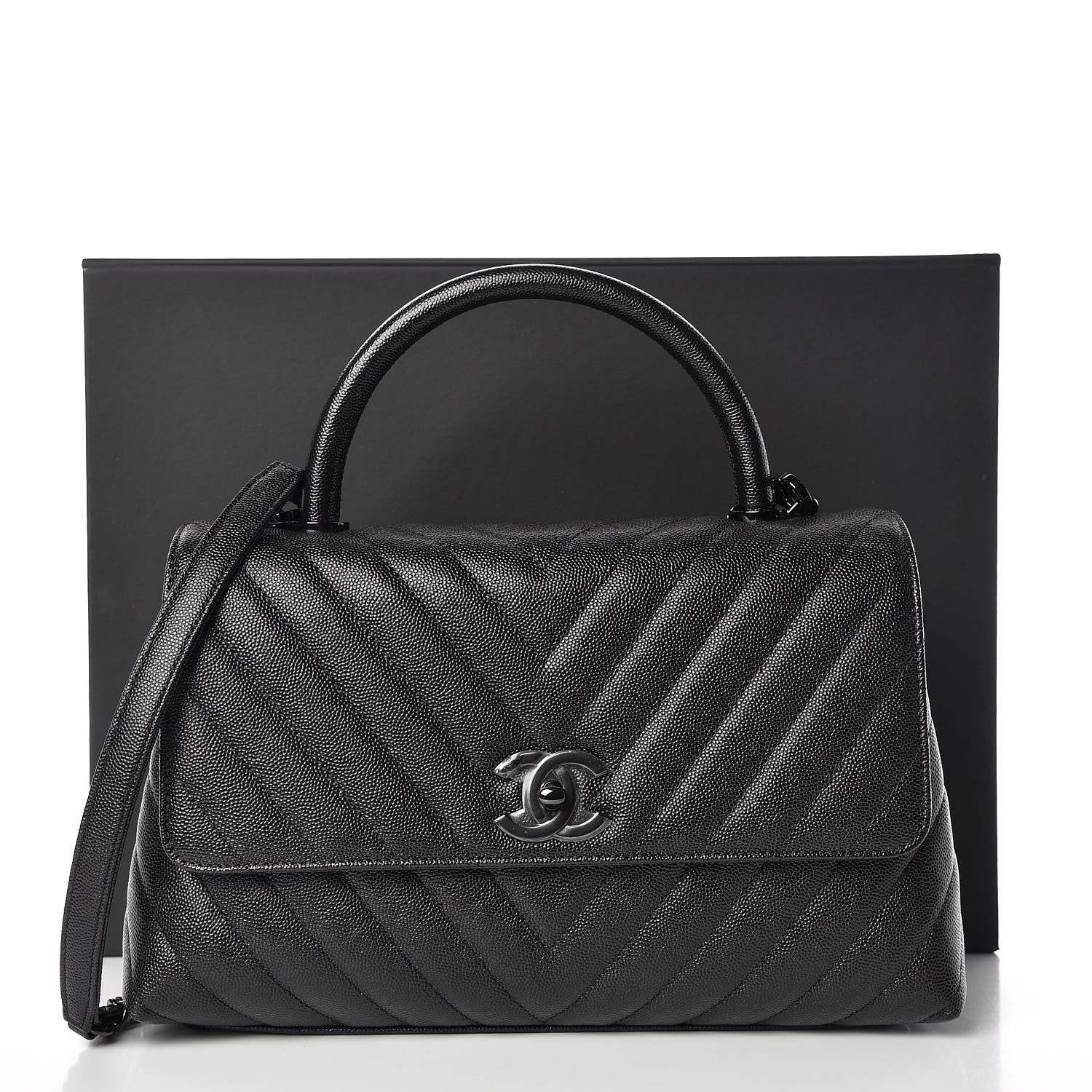 Chanel Caviar Chevron Quilted Small Coco Handle Flap So Black 10 of 10