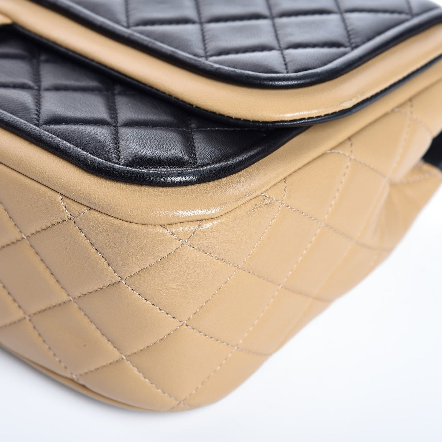 Lambskin Quilted Large Twist Two Tone Flap Bag Black Beige