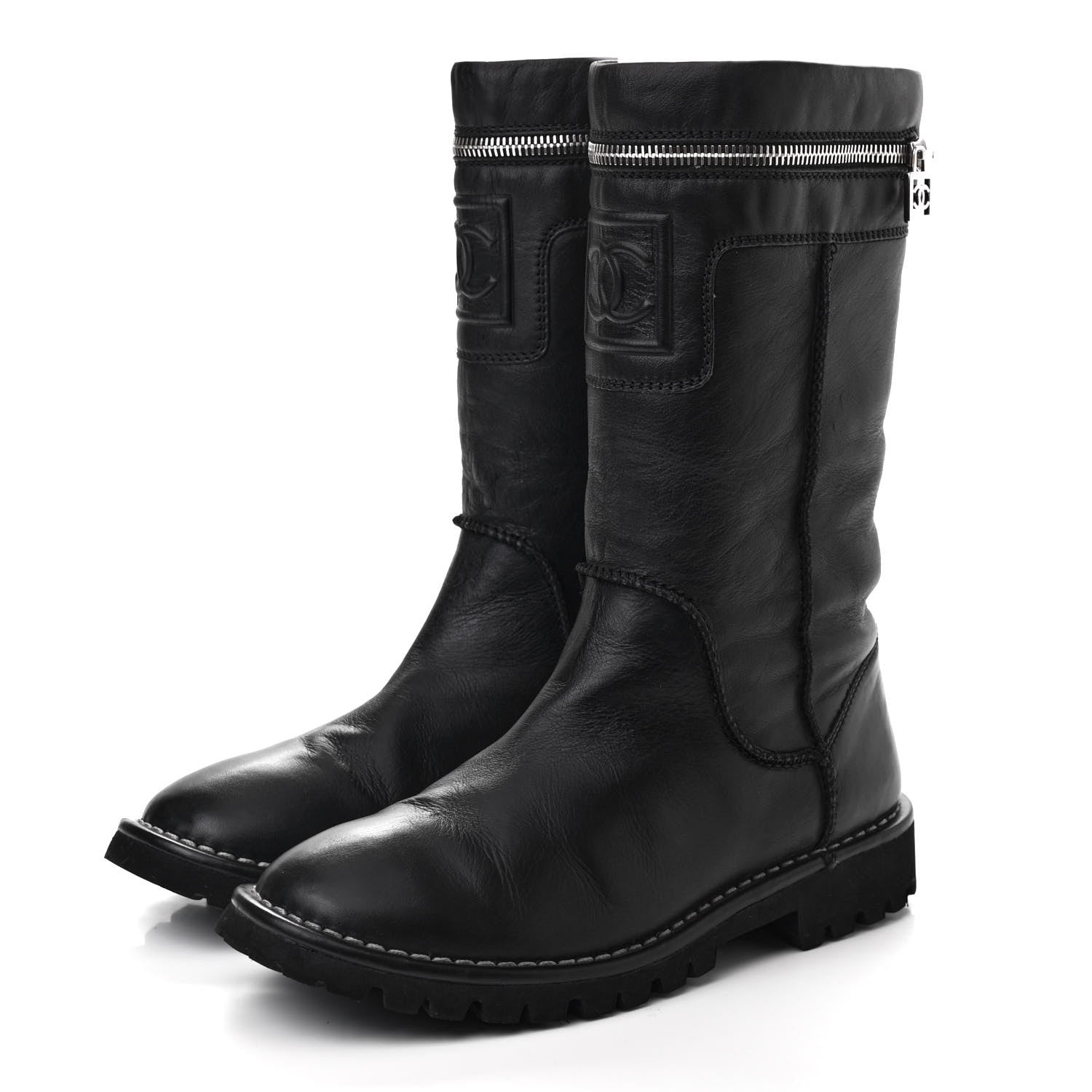 Chanel Calfskin Motorcycle Zipper Boots 37 Black 3 of 7