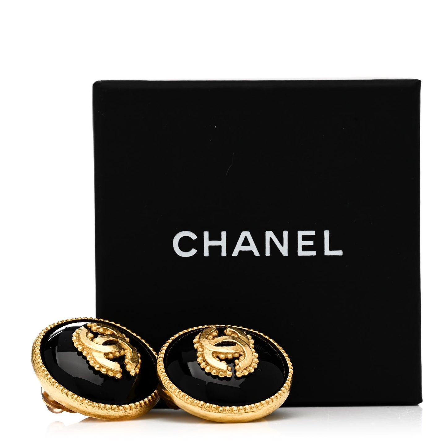 CC Round Clip On Earrings Black Gold