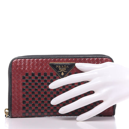 Prada Goatskin Woven Zip Around Wallet Rubino Black 2 of 7