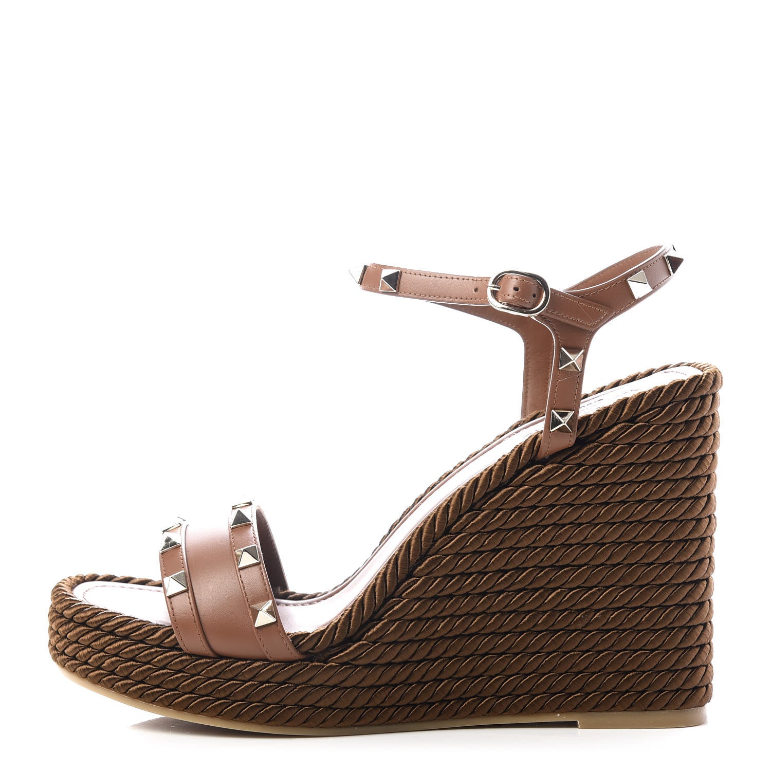 Valentino Garavani Calfskin Rockstud Torchon Espadrille 25/115mm Wedge Sandals 41 Cuoio 1 of 11
