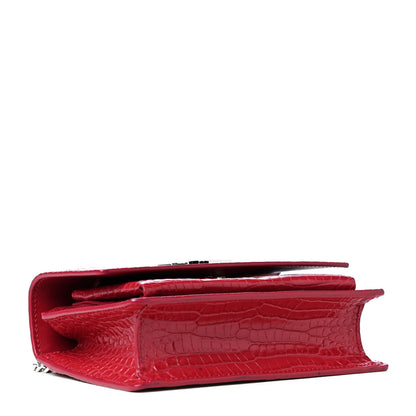 Saint Laurent Calfskin Crocodile Embossed Monogram Sunset Chain Wallet New Lipstick Red 3 of 4