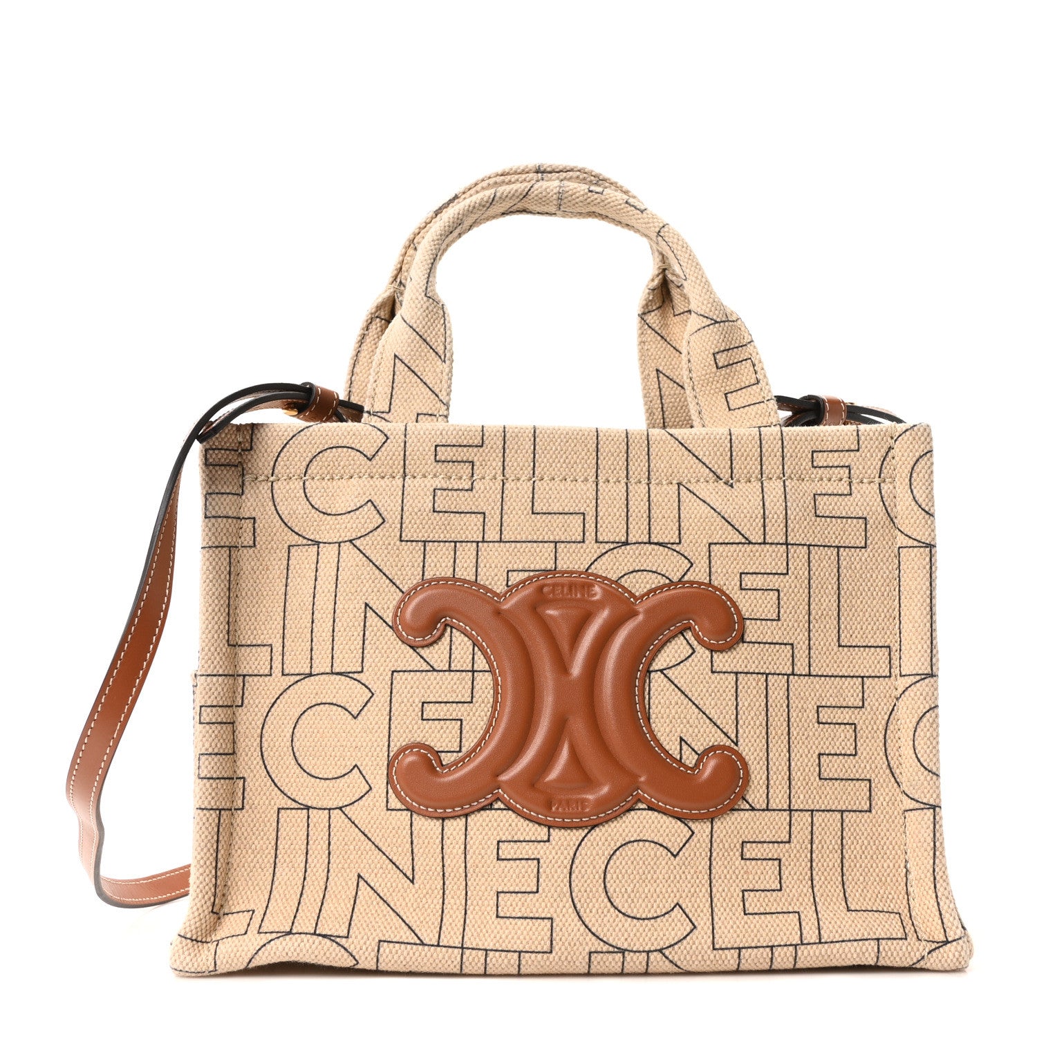 Celine Textile Calfskin All Over Print Small Triomphe Cabas Thais Natural Tan 1 of 9