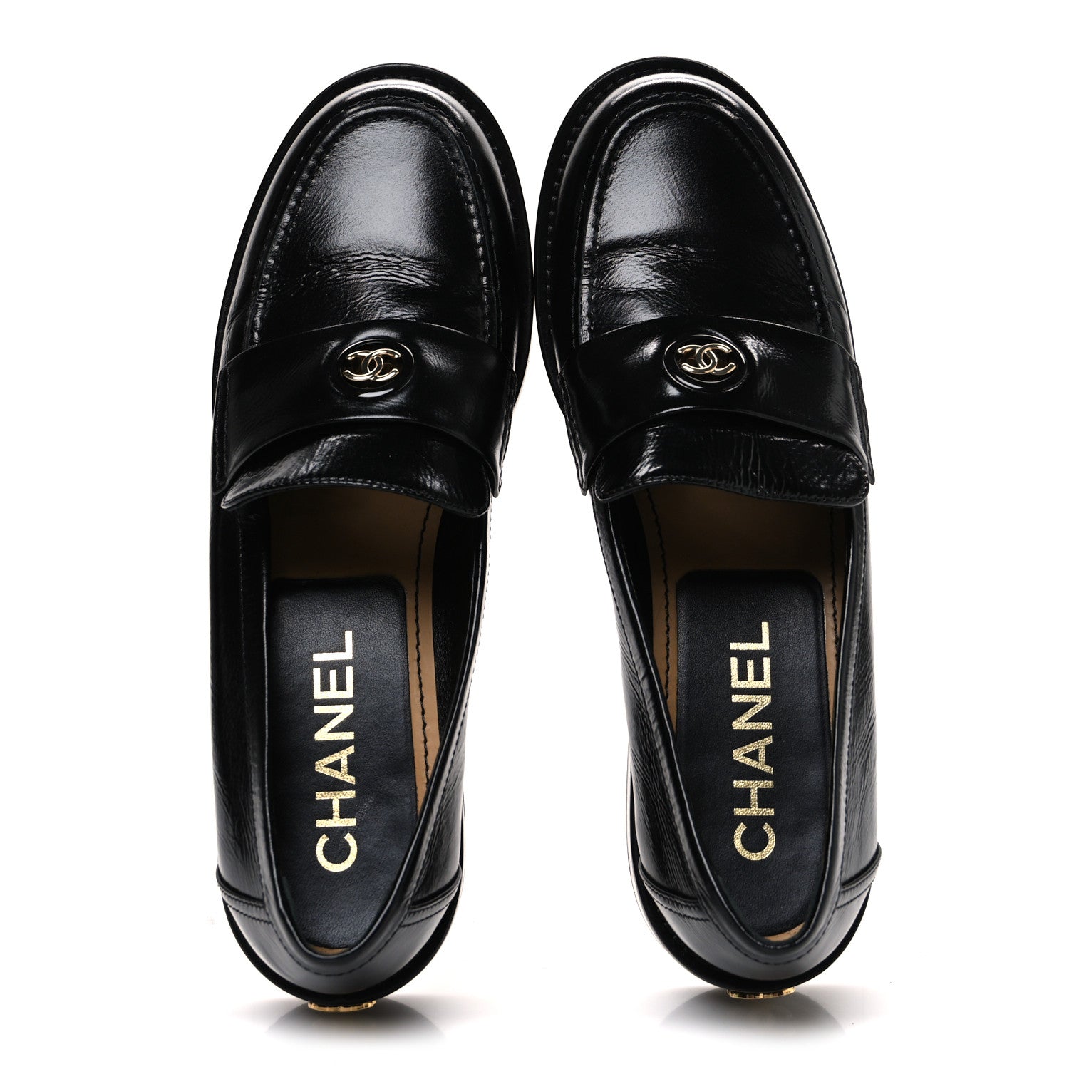 Chanel Shiny Calfskin Logo Loafers 38.5 Black 2 of 10