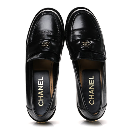Chanel Shiny Calfskin Logo Loafers 38.5 Black 2 of 10