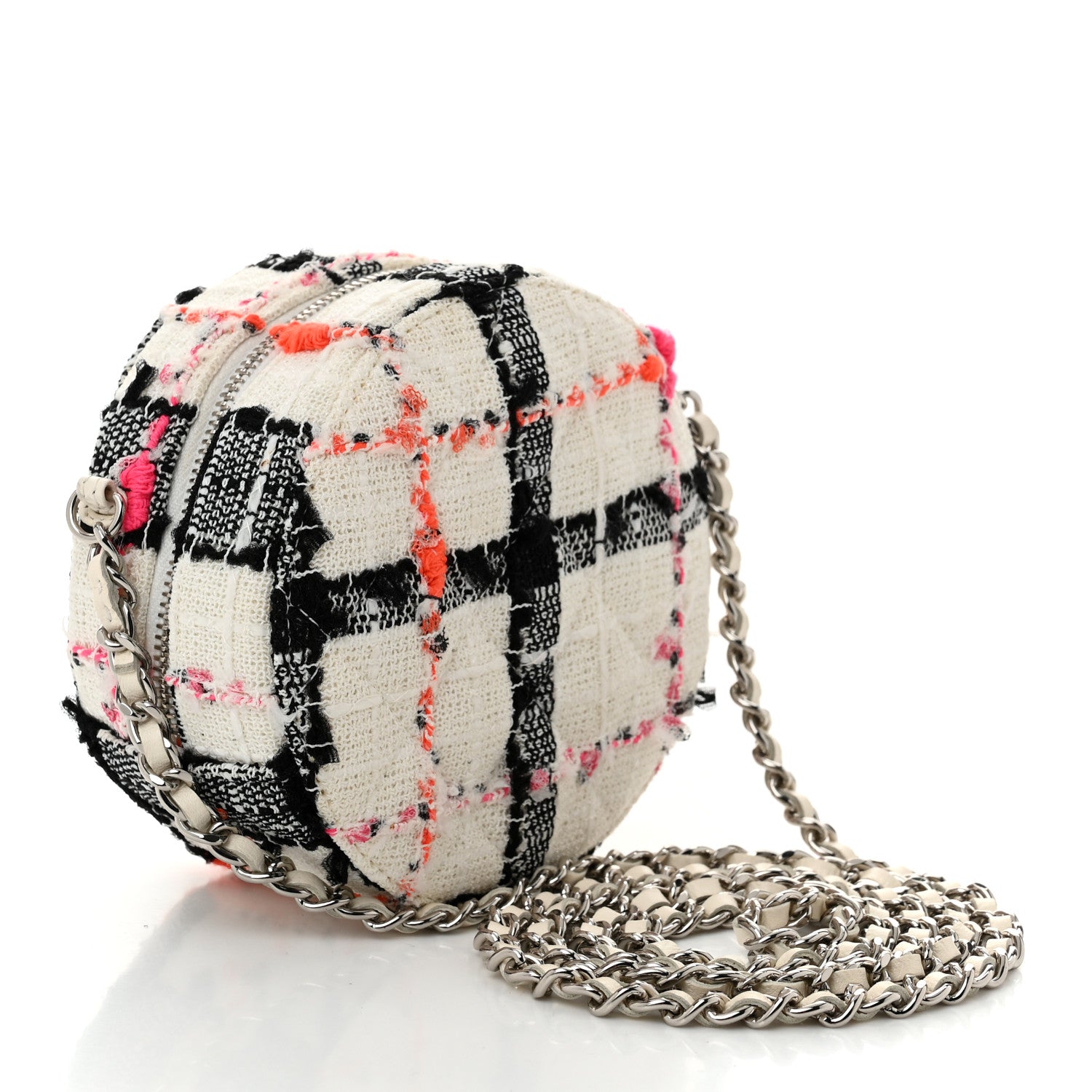 Chanel Tweed Quilted Round Clutch With Chain Black White Multicolor 3 of 10