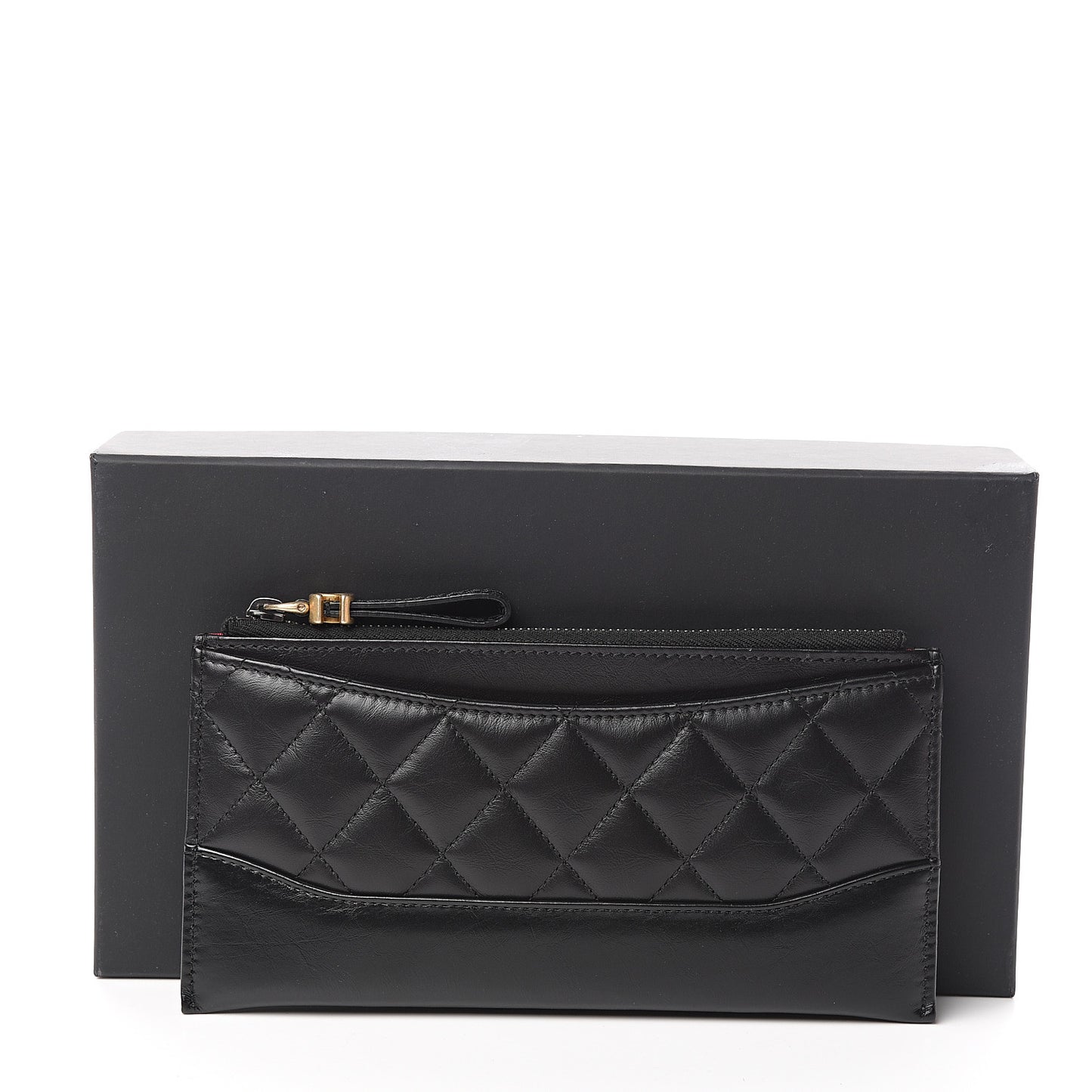 Aged Calfskin Quilted Gabrielle Zip Pouch Black