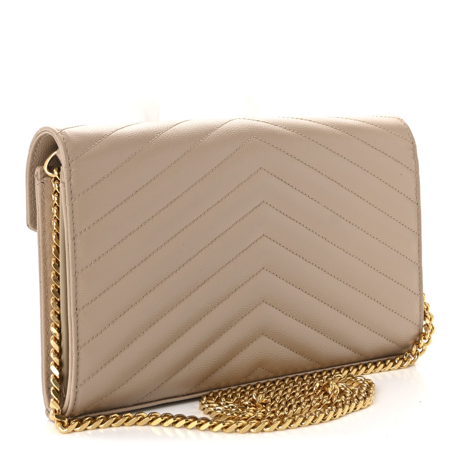 Saint Laurent Grain De Poudre Matelasse Chevron Monogram Chain Wallet Dark Beige 3 of 10